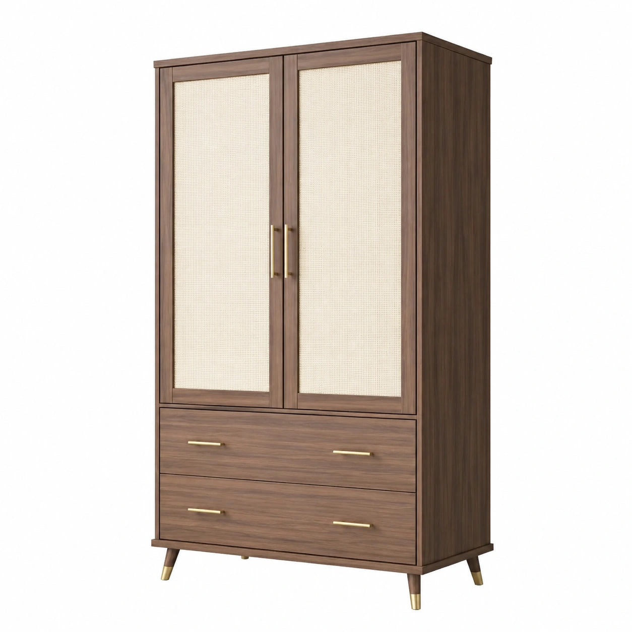 Armoire en Bois avec Portes en Rotin et Tiroirs en Métal