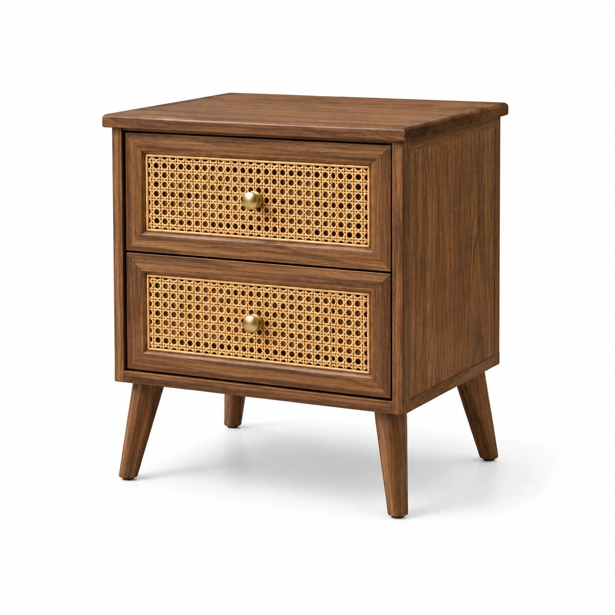 Table de chevet en bois avec tiroirs en rotin