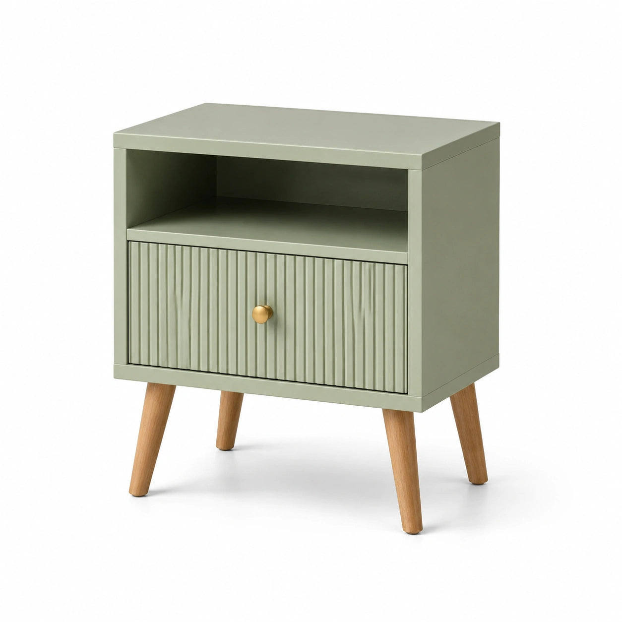 Table de chevet en bois vert avec tiroir et étagère