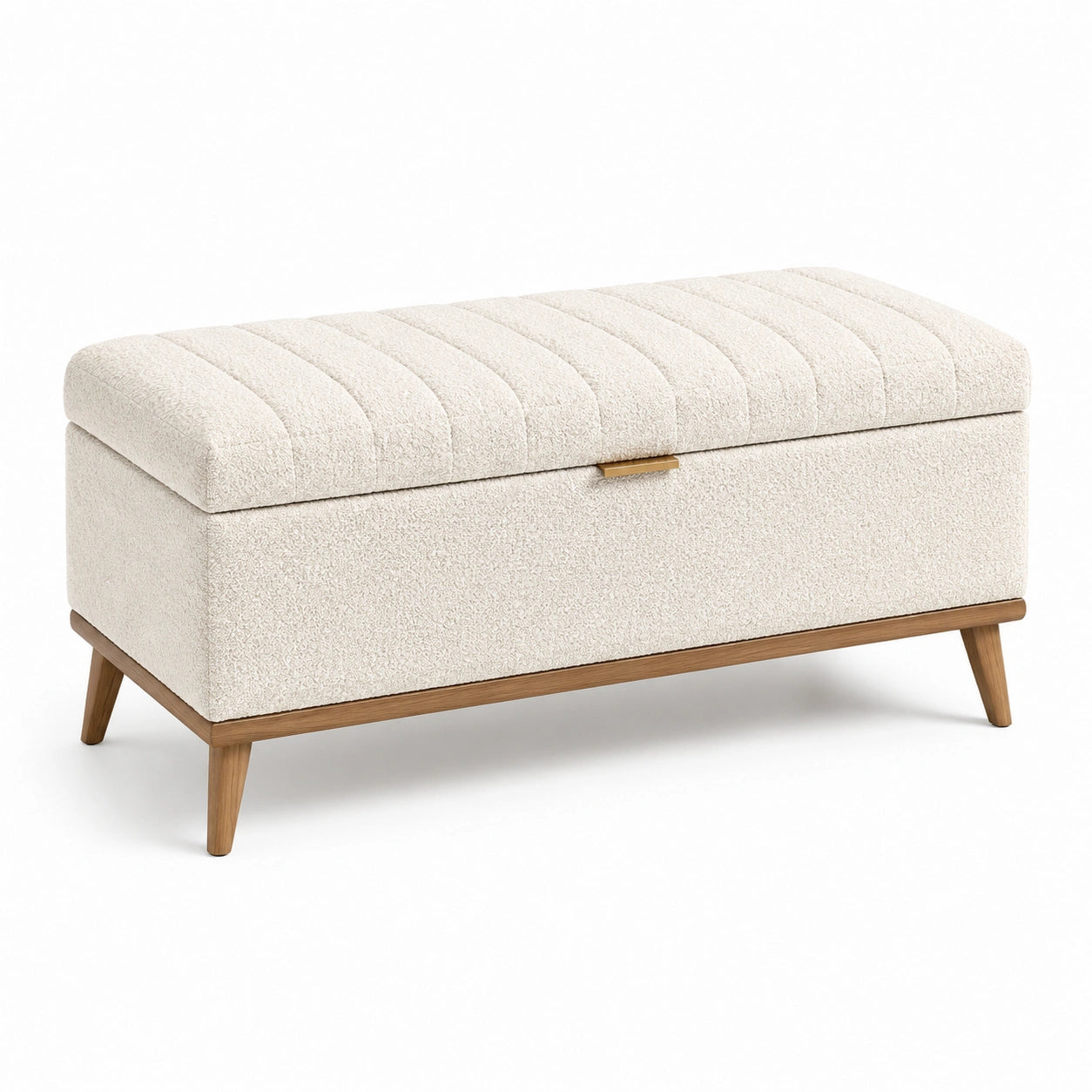 Banc de rangement en tissu bouclé crème avec pieds en bois 120x40x45 cm