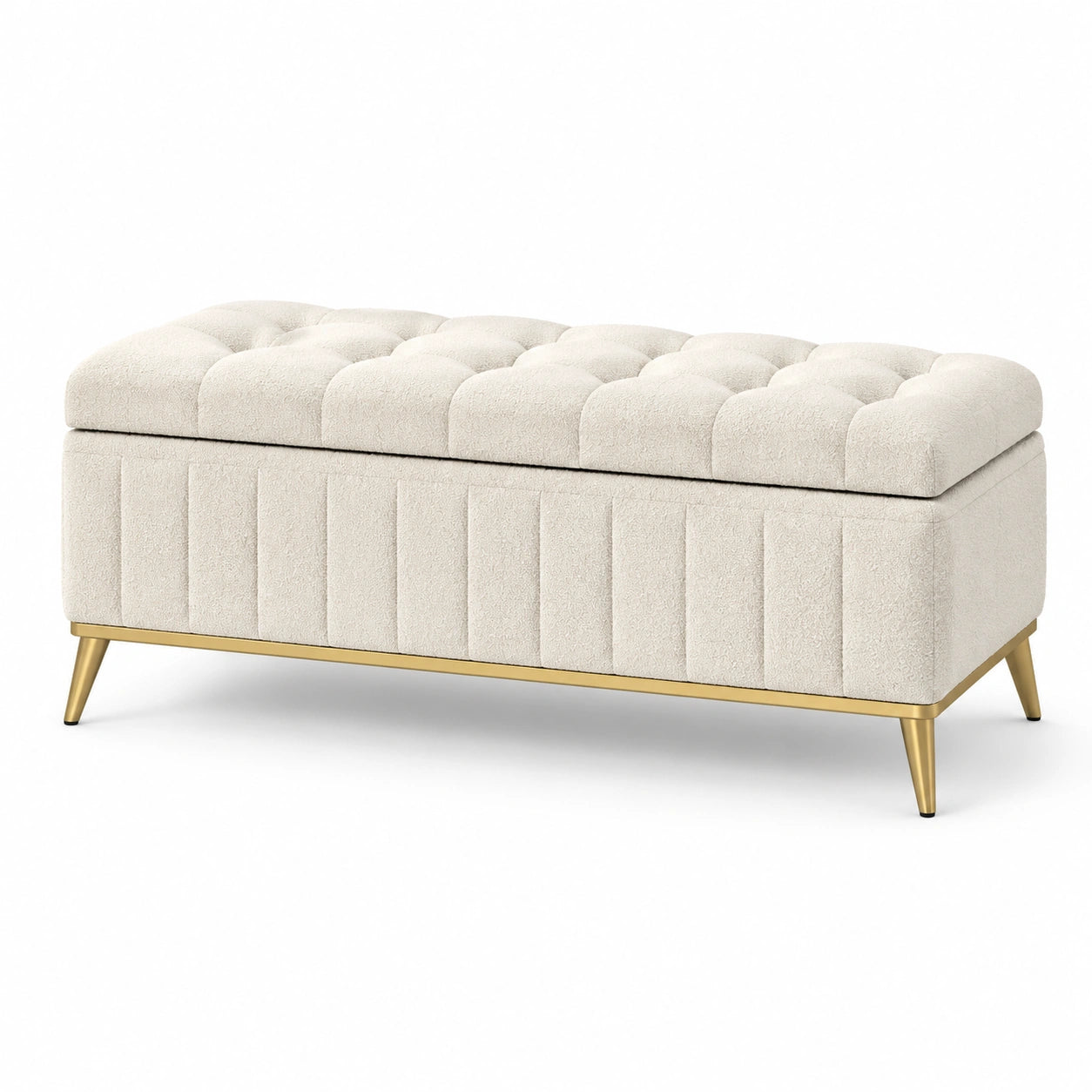 Banc de rangement en tissu polyester avec pieds en métal doré