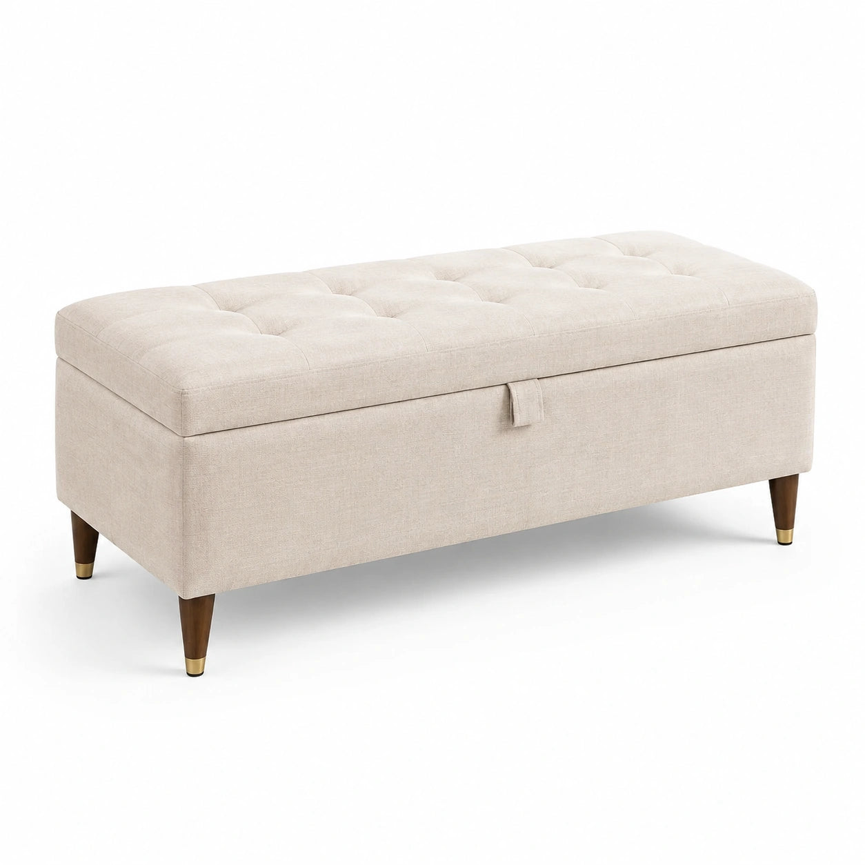 Banc de rangement en tissu polyester beige avec pieds en bois