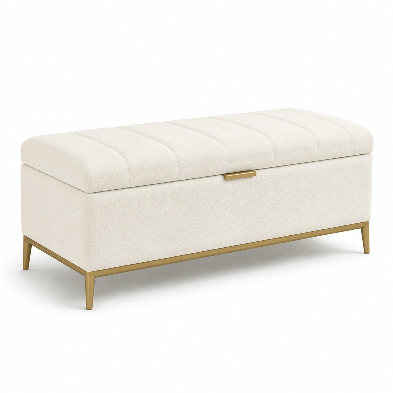 Banc de rangement en tissu beige avec pieds en métal doré