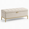 Banc de rangement en tissu beige avec structure en métal