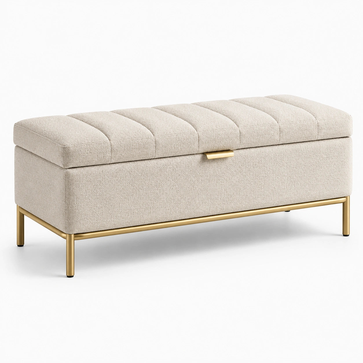 Banc de rangement en tissu beige avec structure en métal