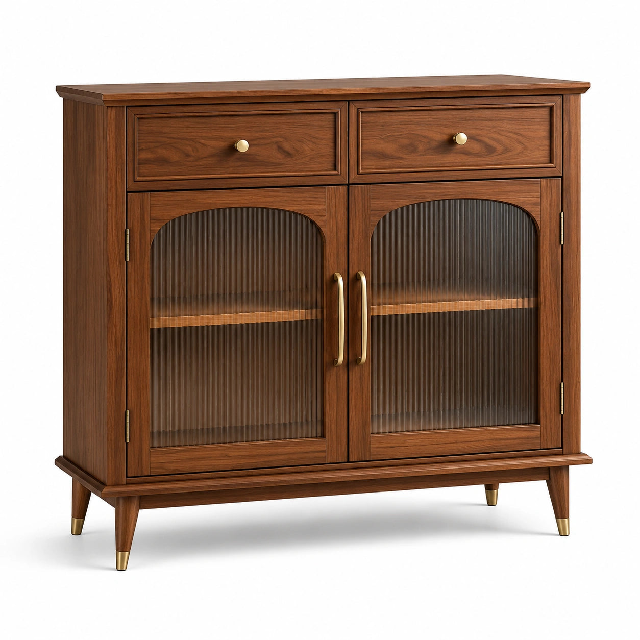 Buffet en bois avec portes en verre cannelé et tiroirs en noyer