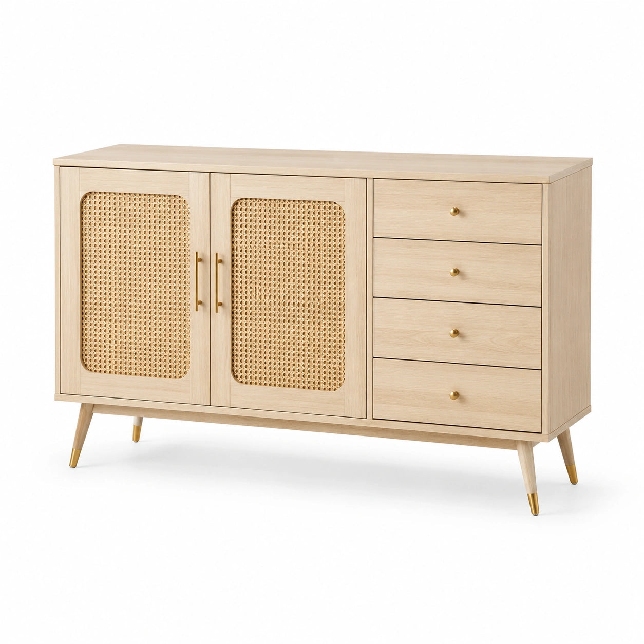 Buffet en bois avec portes en rotin et quatre tiroirs
