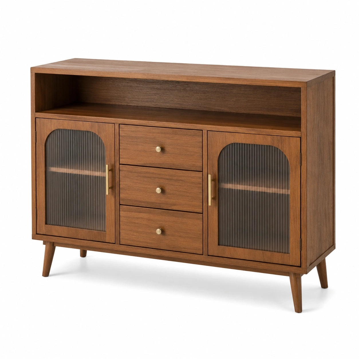Buffet en Bois avec Portes en Verre Strié et Tiroirs Marron 120x40x85cm