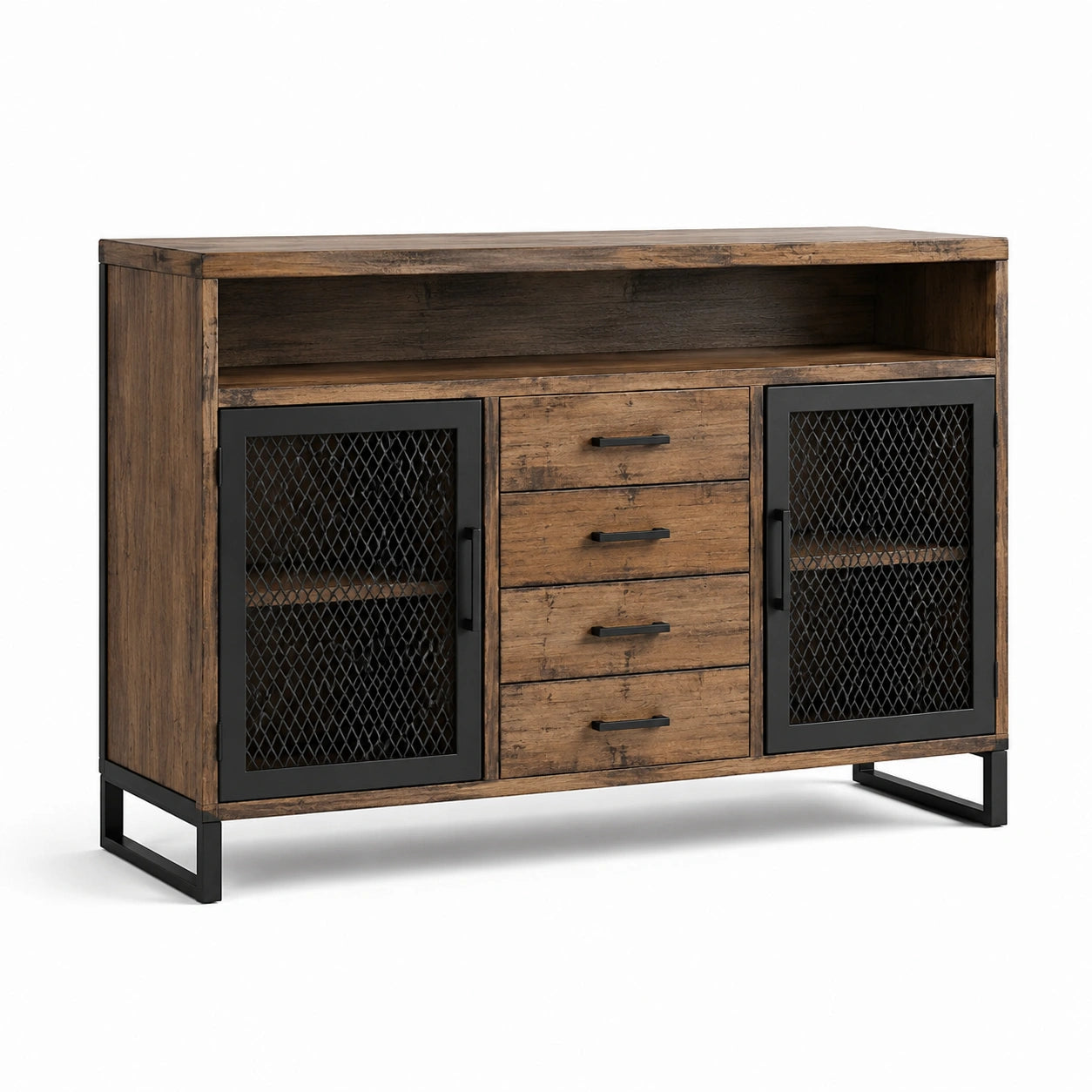 Buffet en bois de chêne avec portes en métal noir 150x40x85 cm