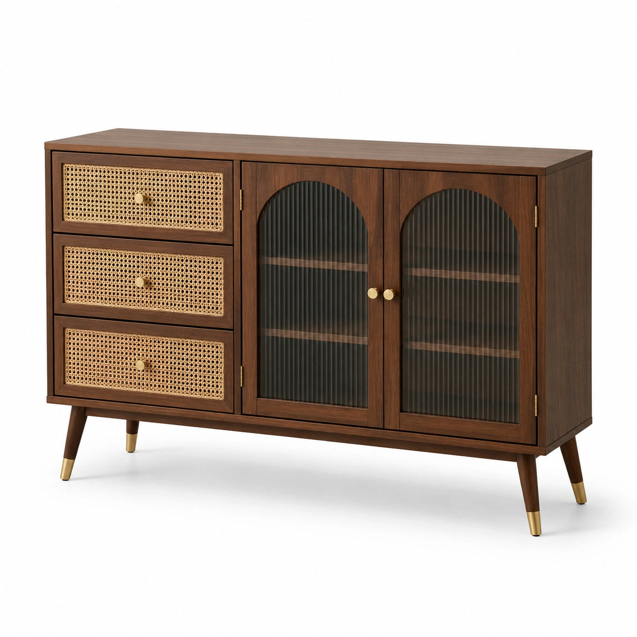 Buffet en bois de noyer avec portes en verre trempé et tiroirs en rotin
