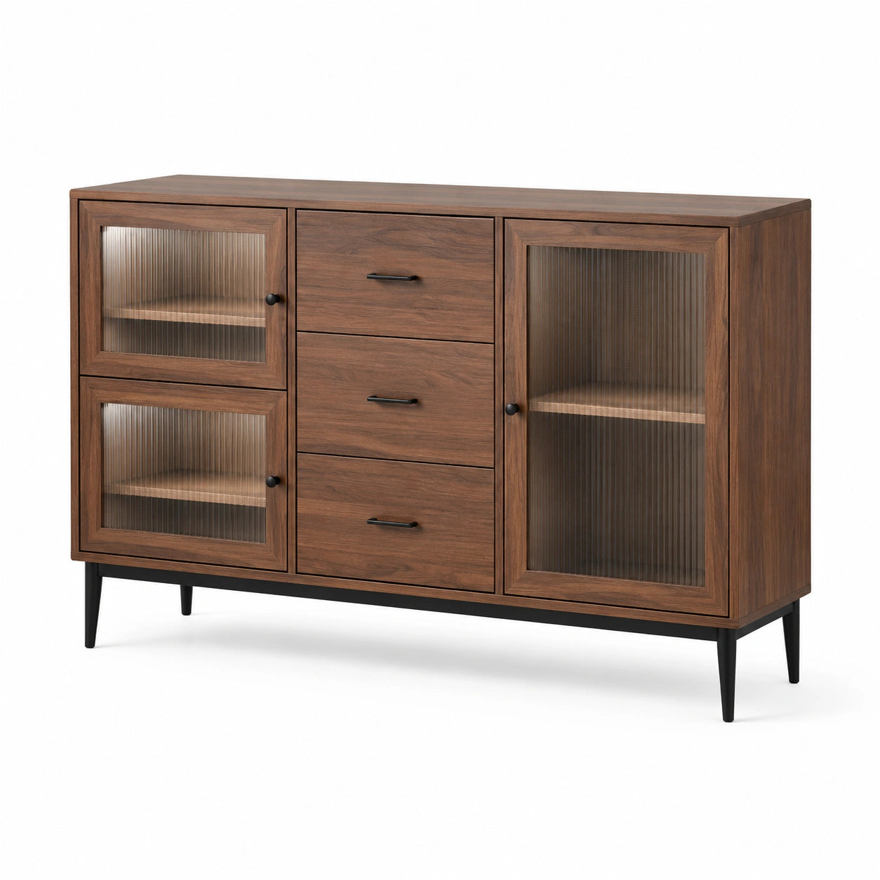 Buffet en bois avec verre cannelé et tiroirs