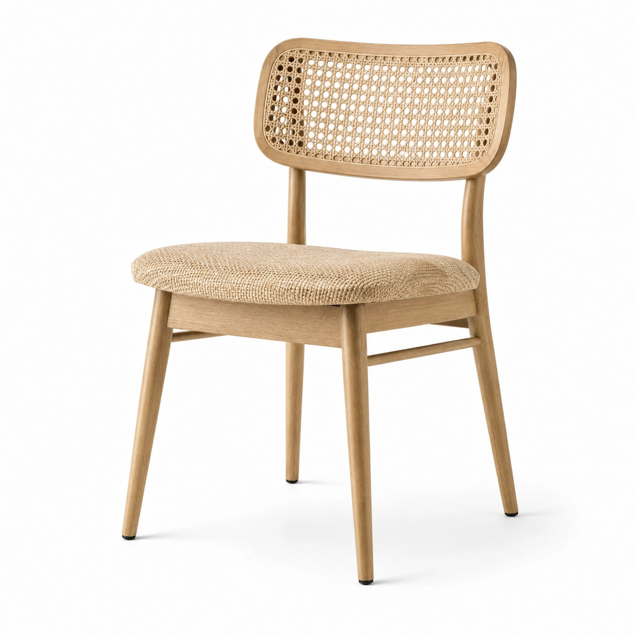 Chaise en bois de hêtre avec dossier en cannage et assise en polyester beige