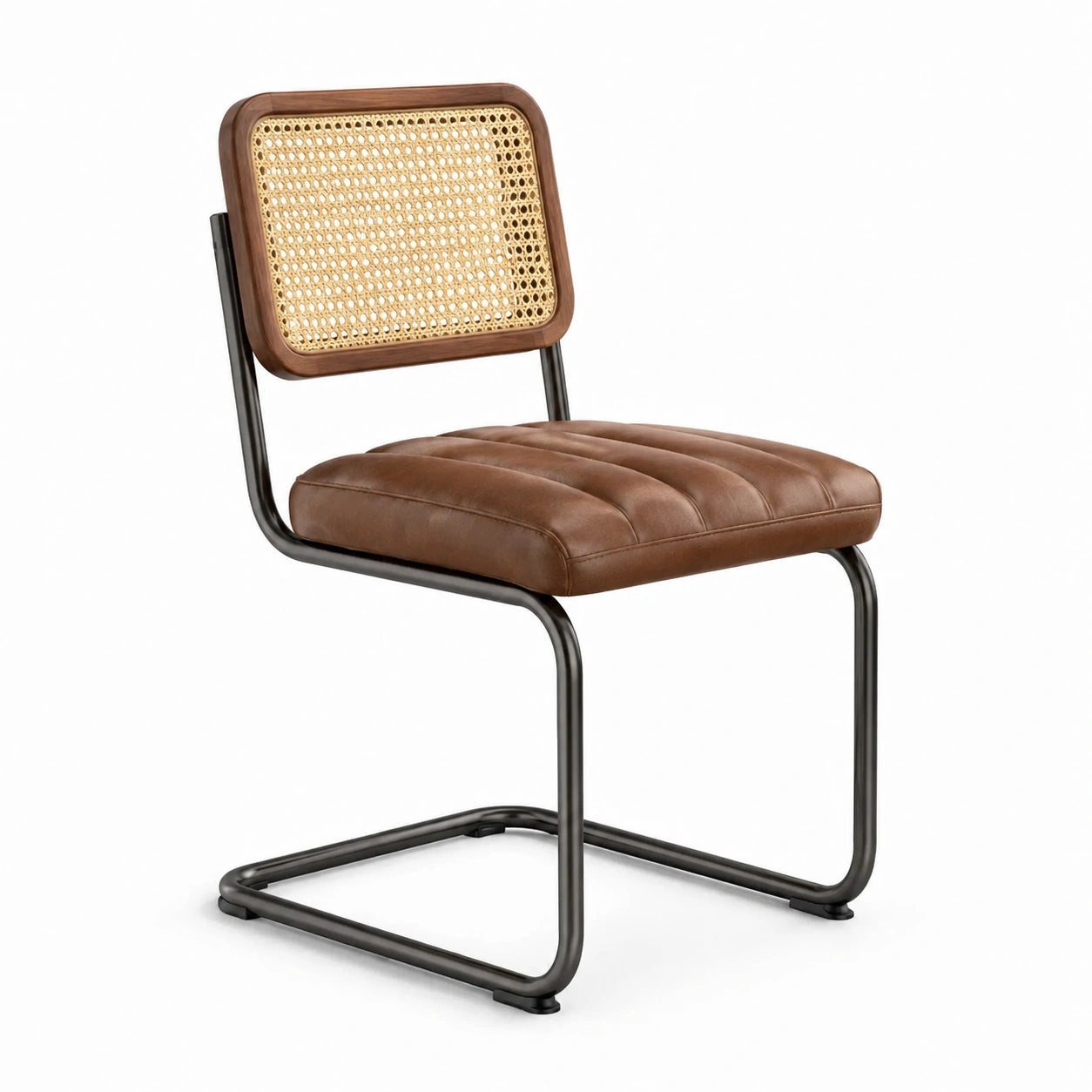 Chaise en métal brun, cuir synthétique et rotin