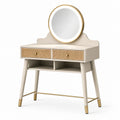 Coiffeuse en bois avec miroir rond en rotin et laiton 90x40x130 cm