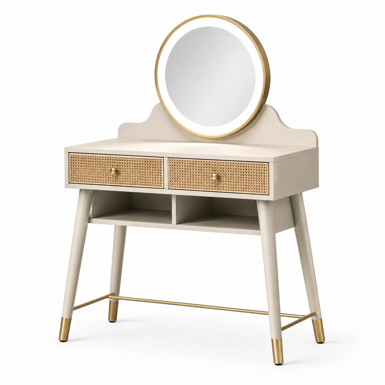 Coiffeuse en bois avec miroir rond en rotin et laiton 90x40x130 cm
