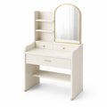 Coiffeuse en MDF avec miroir et étagères, blanc et doré