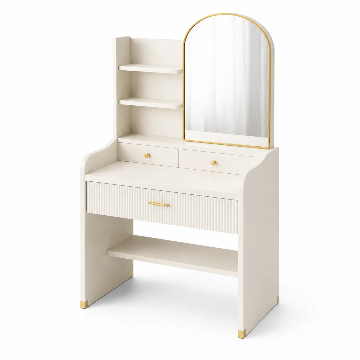 Coiffeuse en MDF avec miroir et étagères, blanc et doré