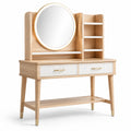 Coiffeuse en bois clair avec miroir rond à éclairage et étagères
