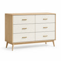 Commode 6 tiroirs en bois de chêne et MDF crème avec poignées dorées