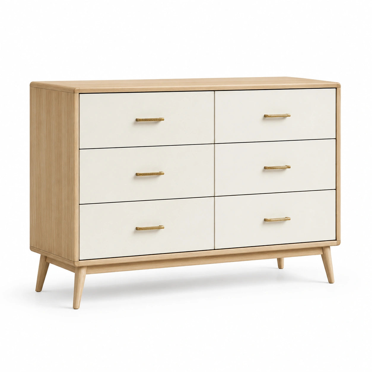 Commode 6 tiroirs en bois de chêne et MDF crème avec poignées dorées