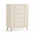 Commode en bois MDF crème avec poignées et pieds métalliques dorés