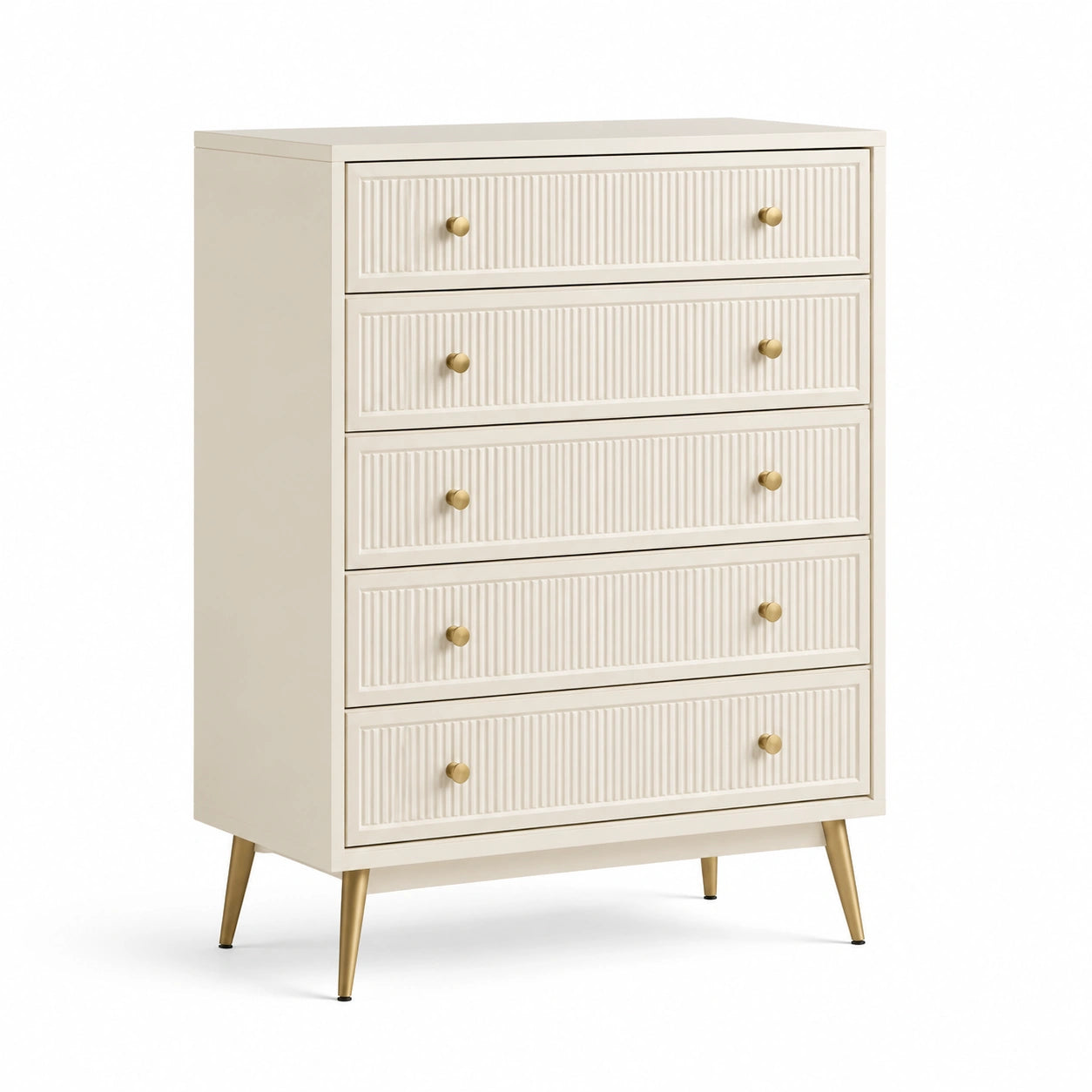 Commode en bois MDF crème avec poignées et pieds métalliques dorés
