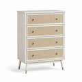 Commode en Bois avec Façade en Rotin 4 Tiroirs Blanc/Beige