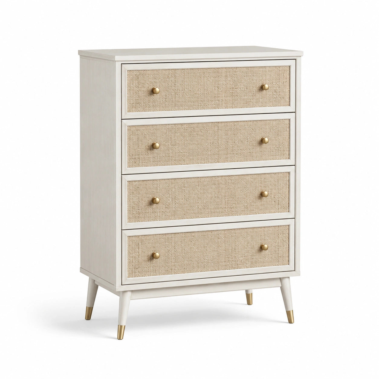 Commode en Bois avec Façade en Rotin 4 Tiroirs Blanc/Beige