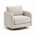 Fauteuil pivotant en tissu bouclé avec base en bois
