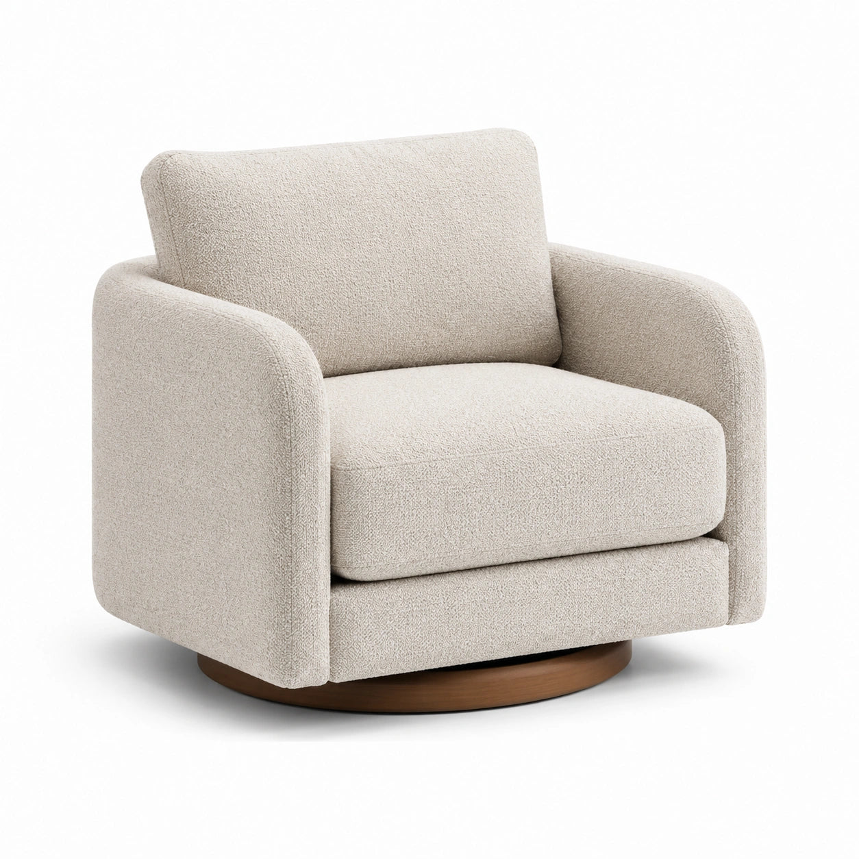 Fauteuil pivotant en tissu bouclé avec base en bois