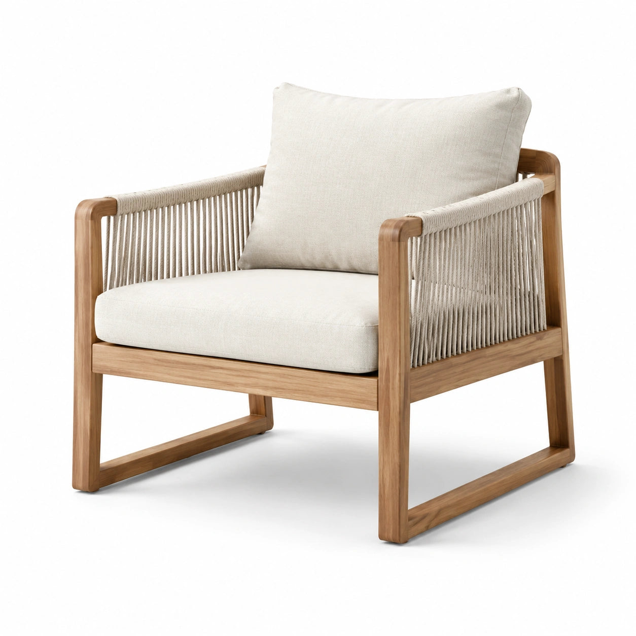 Fauteuil en bois de teck avec cordes en polypropylène et coussins polyester beige