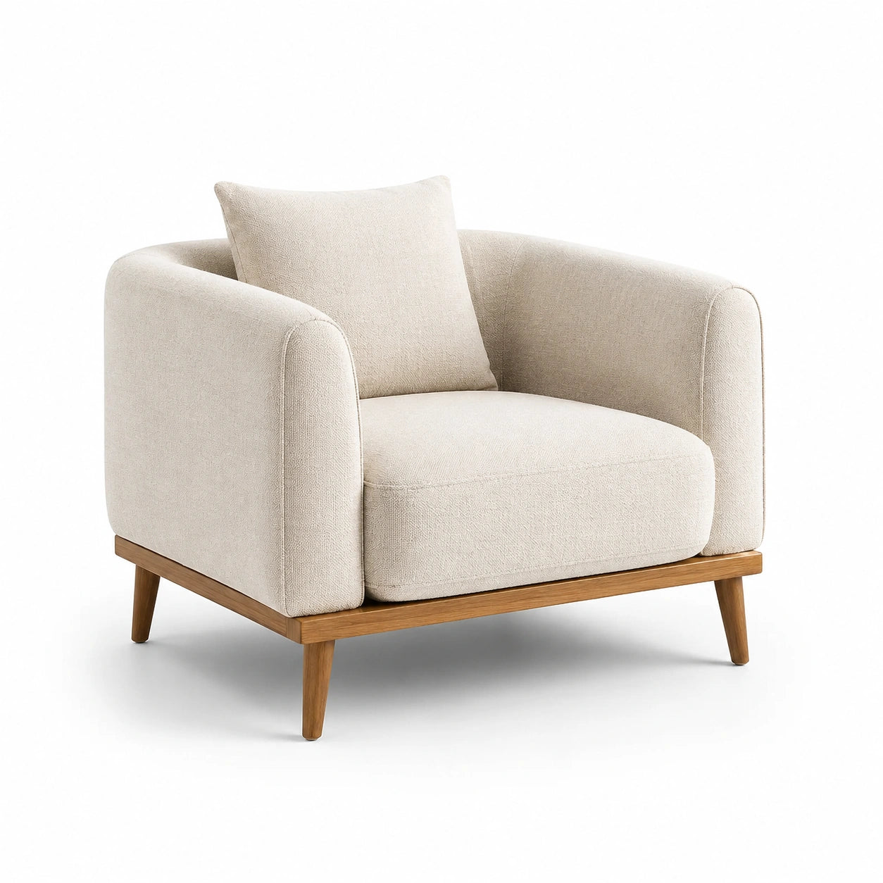 Fauteuil en tissu beige avec cadre en bois de chêne