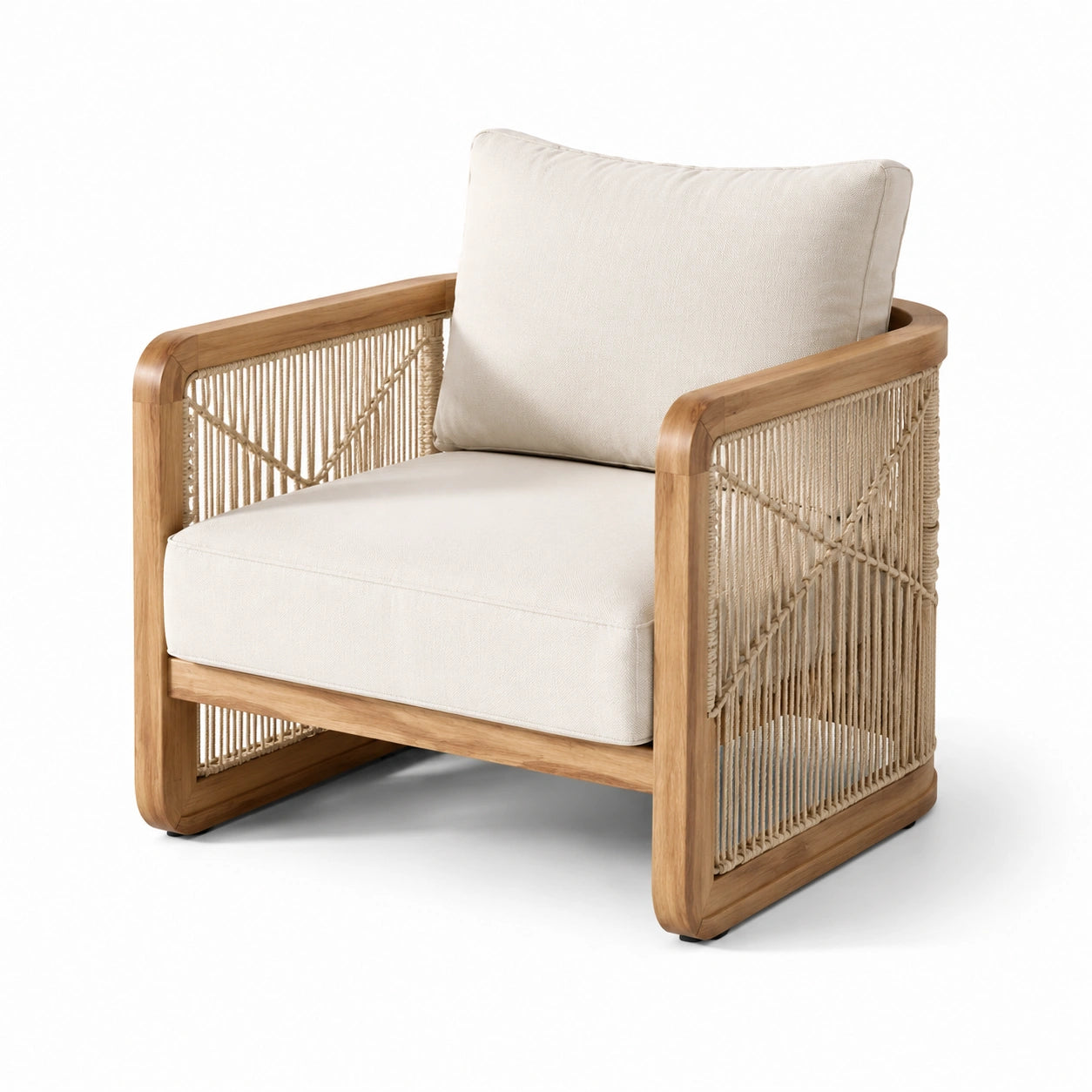 Fauteuil en bois et rotin avec coussins en lin beige
