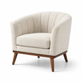 Fauteuil en tissu beige avec pieds en bois de hêtre