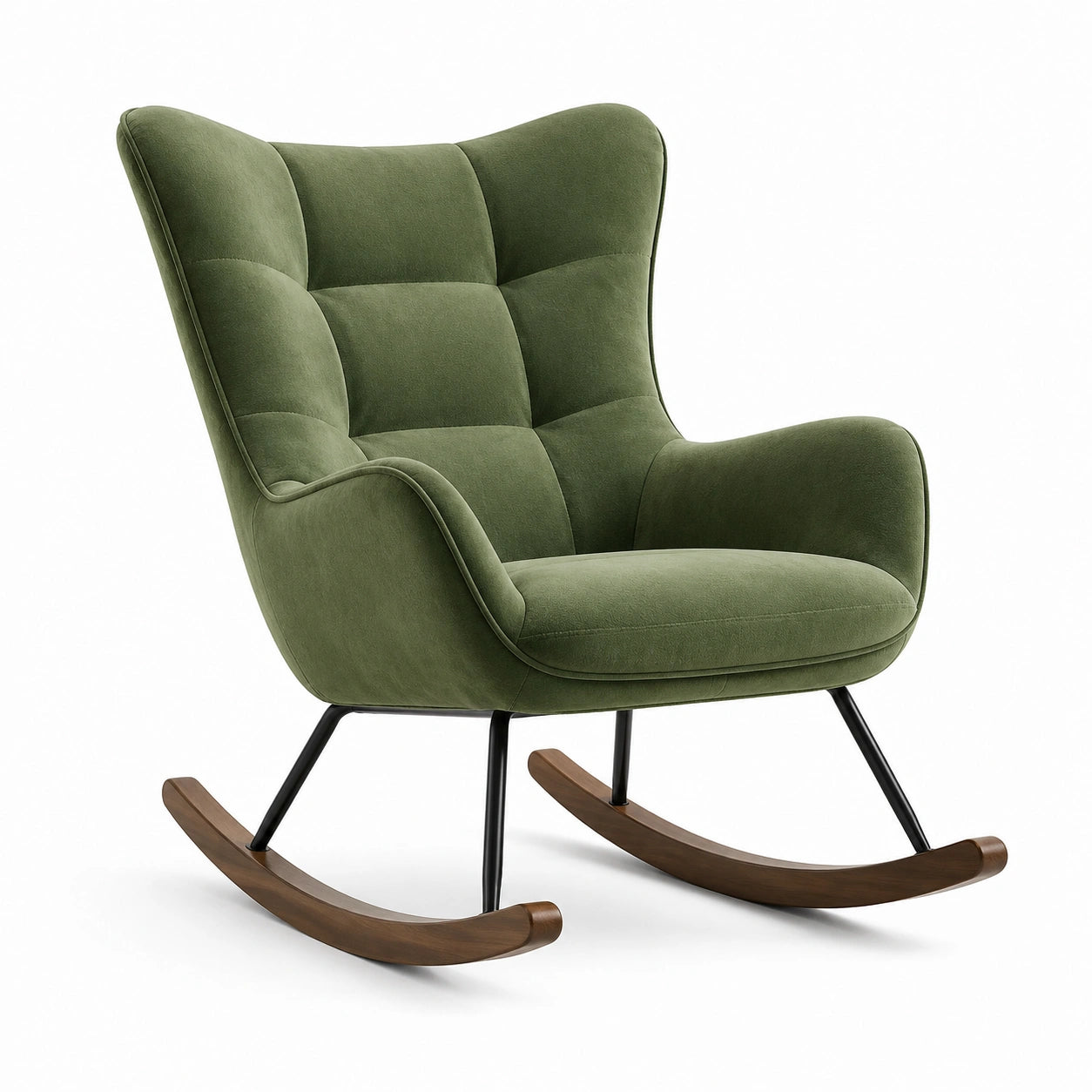 Fauteuil à bascule en tissu vert pied en bois et métal