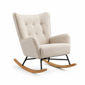 Fauteuil à bascule en tissu bouclé beige avec base en bois et structure métallique