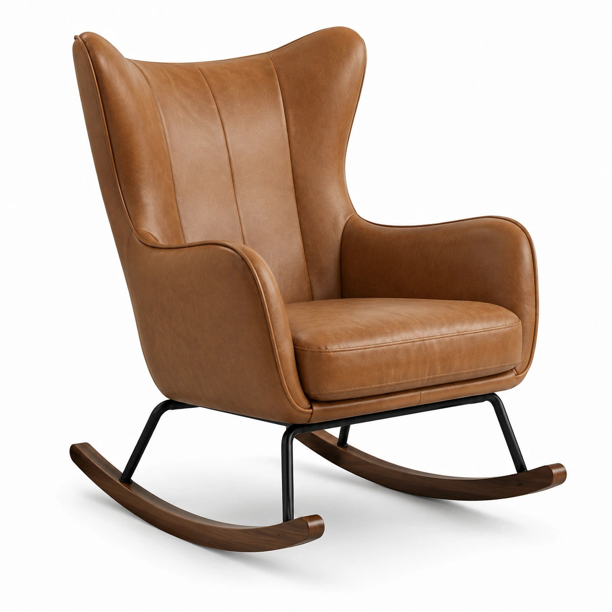 Fauteuil à bascule en cuir synthétique marron avec structure en métal et base en bois