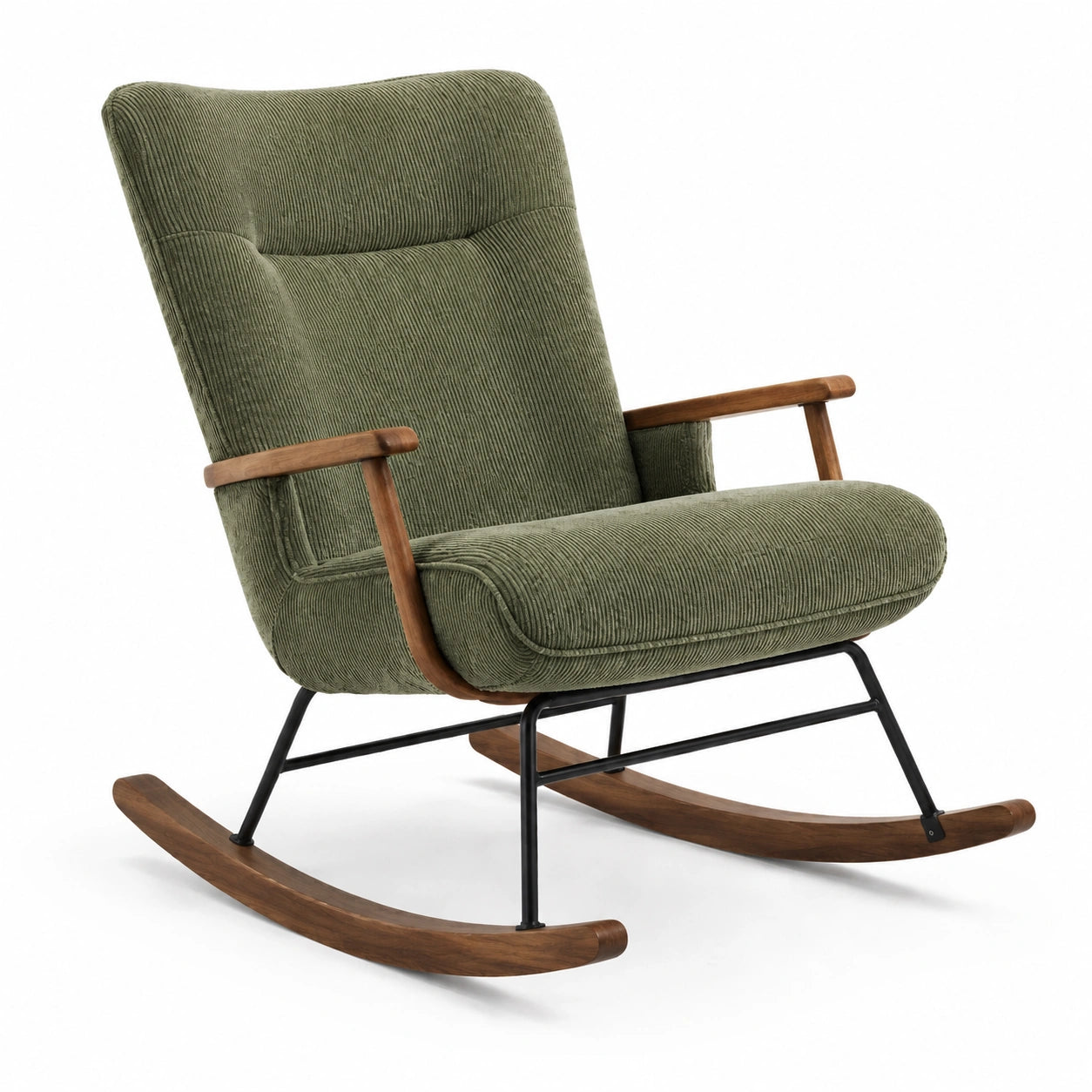 Fauteuil à bascule en bois et tissu côtelé vert