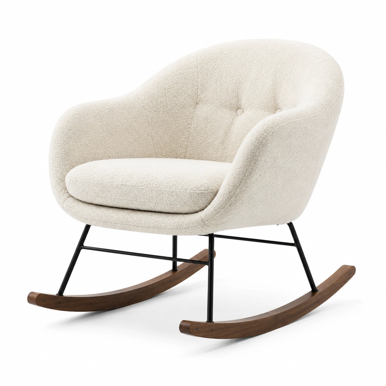 Fauteuil à bascule en tissu bouclette blanc, cadre en métal et noyer