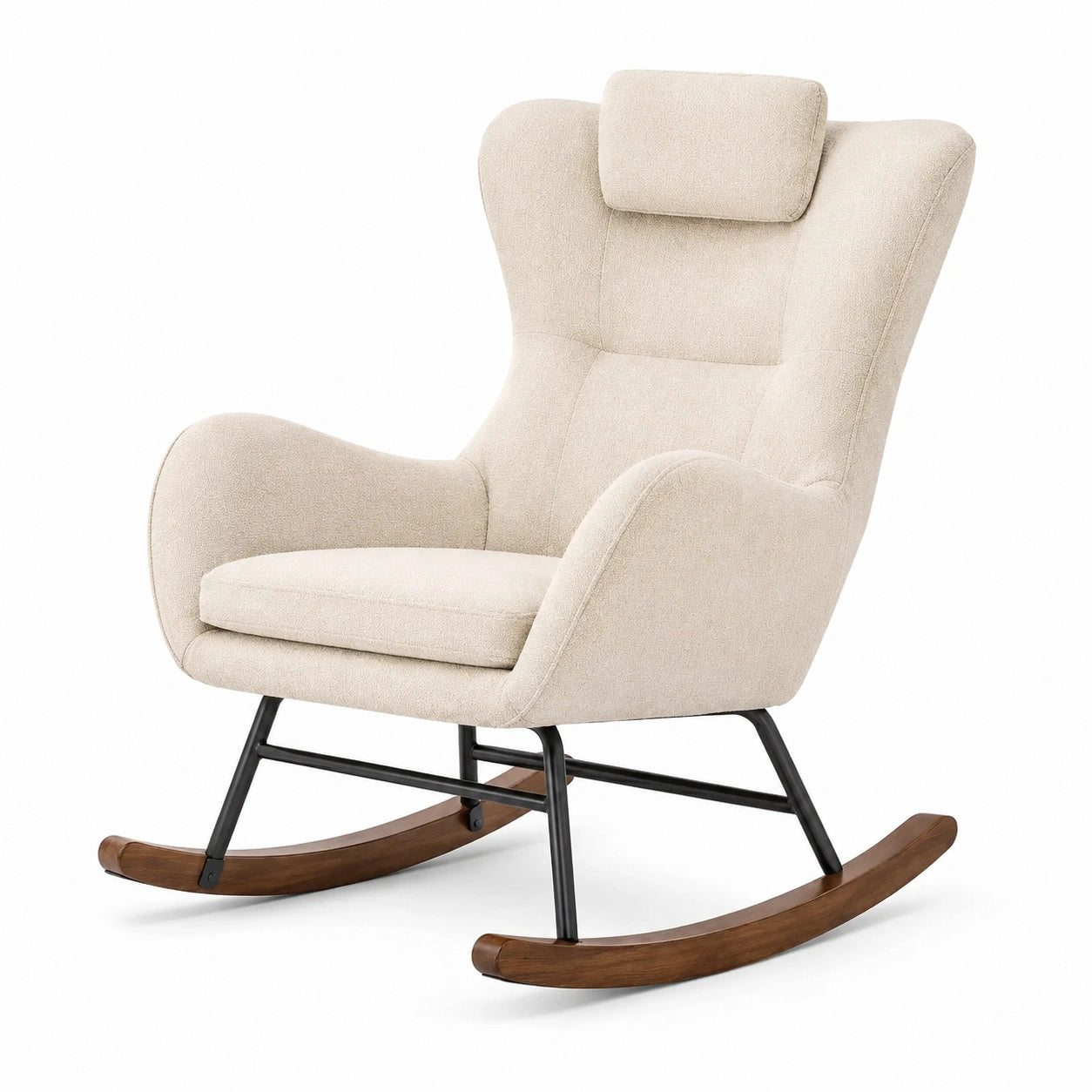 Fauteuil à bascule en tissu beige avec cadre en métal et base en hêtre